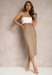 Ciemnobeżowa Spódnica z Ekoskóry High Waist z Rozcięciem i Napami z Przodu Asttia. Brązowe spódnice Renee, na co dzień, s, bez wzorów, z bawełny, midi, dopasowane. W wyprzedaży za 43.99 zł.