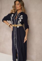 Niebieska Wiskozowa Sukienka z Lnem o Koszulowym Kroju z Haftem i Paskiem Sadoreme. Niebieskie sukienki Renee, na co dzień, m, z aplikacjami, z materiału, boho, bez kołnierzyka, bez ramiączek, maxi, koszulowe. W wyprzedaży za 111.99 zł.