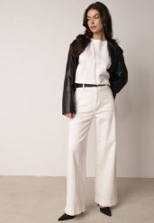 Białe Szerokie Jeansy z Bawełny z Wysokim Stanem Jyneli. Białe spodnie materiałowe Born2be, bez wzorów, z bawełny, biznesowe, z podwyższonym stanem. Za 129.99 zł.