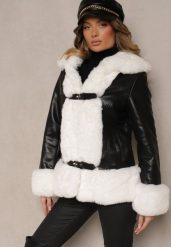 Czarno-Biała Kurtka z Ekoskóry Zdobiona Futrem i Paskami z Klamrami Dorezi. Czarne kurtki Renee, l, z aplikacjami, z jeansu, eleganckie, bez kaptura. W wyprzedaży za 129.49 zł.