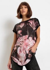 T-shirt z nadrukiem, z miękkiej mieszanki wiskozy. Czarne t-shirty bonprix, bez wzorów, z wiskozy, bez kołnierzyka, bez ramiączek. Za 79.99 zł.