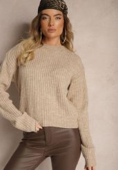 Beżowy Prążkowany Sweter o Klasycznym Pudełkowym Fasonie Omeita. Brązowe swetry Renee, m, bez wzorów, z jeansu, casualowe, bez ramiączek. W wyprzedaży za 87.99 zł.
