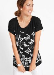 T-shirt z nadrukiem. Czarne t-shirty bonprix, bez wzorów, bez kołnierzyka, bez ramiączek. Za 89.99 zł.