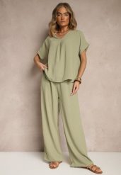 Zielony Komplet Bluzka i Luźne Spodnie z Wiskozą i Kieszonkami Efraria. Zielone bluzki Renee, l, z aplikacjami, z materiału, eleganckie, bez kołnierzyka, bez ramiączek. Za 79.99 zł.