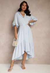 Jasnoniebieska Koszulowa Sukienka Ozdobiona Falbanką Ransara. Niebieskie sukienki Renee, na co dzień, bez wzorów, eleganckie, bez kołnierzyka, bez ramiączek, midi, koszulowe. W wyprzedaży za 62.99 zł.