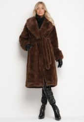 Brązowy Futerkowy Płaszcz z Szerokim Kołnierzem i Mankietami z Wiązanym Paskiem Viaruna. Brązowe płaszcze Born2be, l, bez wzorów, z dzianiny, eleganckie, bez kaptura. Za 259.99 zł.