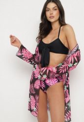 Czarno-Różowe Bikini Wiązany Biustonosz i Majtki Figi z Dodatkową Narzutką z Siateczki Zareliah. Czarne bikini Born2be, z aplikacjami, eleganckie. Za 129.99 zł.