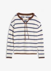 Gruby sweter z wiązaniem przy dekolcie, z mieszanki bawełny. Białe swetry bonprix, bez wzorów, z bawełny, bez ramiączek. Za 129.99 zł.
