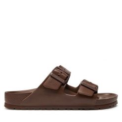 Klapki Birkenstock. Brązowe klapki Birkenstock, bez wzorów, bez obcasa, bez zapięcia. Za 179.99 zł.