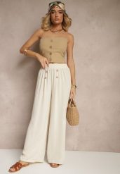 Jasnobeżowe Spodnie z Bawełną o Szerokim Kroju High Waist Ozdobione Guzikami Morritia. Brązowe jeansy Renee, bez wzorów, z bawełny, eleganckie, z podwyższonym stanem. W wyprzedaży za 39.99 zł.