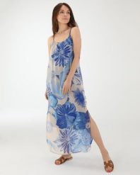 JEDWABNA SUKIENKA W KWIATY. Niebieskie sukienki Unisono, na imprezę, s, bez wzorów, z jedwabiu, bez kołnierzyka, bez ramiączek, rozkloszowane. Za 269.00 zł.