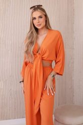 Komplet z wiskozy bluzka wiązana u dołu + spodnie pomarańczowy. Brązowe bluzki KESI, l, bez wzorów, z dresówki, eleganckie, bez kołnierzyka, plus size, bez ramiączek. Za 217.48 zł.