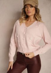 Różowy Kardigan z Wiskozy Zdobiony Kwiatowymi Aplikacjami z Perełkami Gemirra. Czerwone swetry Renee, uniwersalny, z aplikacjami, z jeansu, eleganckie, bez ramiączek. W wyprzedaży za 143.99 zł.