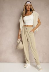 Beżowe Spodnie z Prostą Nogawką i Wiązaniem w Talii Miralira. Brązowe jeansy Renee, bez wzorów, z jeansu, eleganckie. W wyprzedaży za 39.99 zł.