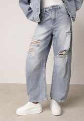 Niebieskie Jeansy z Bawełny z Wiskozą o Kroju Ballloon z Wysokim Stanem i Dziurami Mon. Niebieskie jeansy Born2be, bez wzorów, z bawełny, z podwyższonym stanem. Za 99.99 zł.