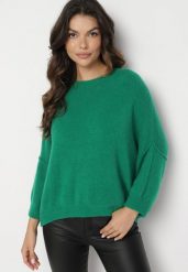 Zielony Sweter z Rękawami 7/8 z Domieszką Wełny Irilliane. Zielone swetry Born2be, bez wzorów, z jeansu, eleganckie, bez ramiączek. W wyprzedaży za 161.49 zł.