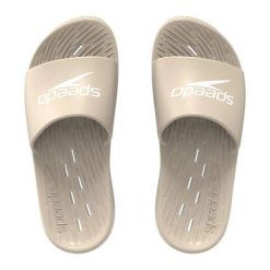 Klapki basenowe antypoślizgowe damskie Speedo Slides. Brązowe klapki Speedo, bez wzorów, z materiału, bez obcasa, bez zapięcia. Za 97.99 zł.
