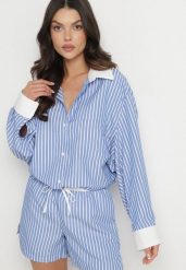 Niebieska Koszula w Paski z Kontrastowymi Mankietami i Kołnierzykiem Zarona. Niebieskie koszule Born2be, m, bez wzorów, z jeansu, eleganckie, bez kołnierzyka, bez ramiączek. W wyprzedaży za 93.49 zł.