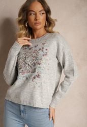Jasnoszary Sweter z Kolorowym Haftem z Przodu Inavessa. Szare swetry Renee, na zimę, bez wzorów, casualowe, bez ramiączek. W wyprzedaży za 135.99 zł.