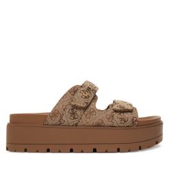 Klapki Guess. Brązowe klapki Guess, z aplikacjami, bez obcasa, bez zapięcia. Za 479.99 zł.