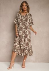 Brązowa Sukienka z Bawełną i Abstrakcyjnym Motywem Filarella. Brązowe sukienki Renee, na co dzień, l, bez wzorów, z bawełny, eleganckie, bez kołnierzyka, bez ramiączek, midi. W wyprzedaży za 47.99 zł.