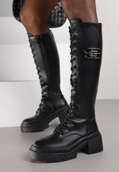 Czarne Kozaki Vicesu w Stylu Grunge ze Sznurowaną Cholewką i Platformą Laurotte. Czarne kozaki Renee, bez wzorów, z jeansu, bez obcasa, na platformie, bez zapięcia. Za 169.99 zł.