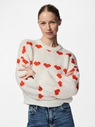 Pieces Sweter w kolorze biało-czerwonym rozmiar: XL. Białe swetry Pieces, xl, bez wzorów, ze splotem, bez ramiączek. Za 83.62 zł.