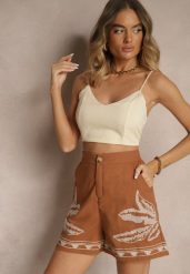 Brązowe Szorty High Waist z Bawełny Zdobione Haftem Filianira. Brązowe szorty Renee, z aplikacjami, z bawełny, eleganckie. W wyprzedaży za 59.99 zł.