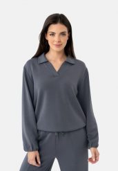 Bluza z kołnierzem B-NALIA. Szare bluzy Volcano, l, bez wzorów, z elastanu, biznesowe, bez ramiączek, bez kaptura. Za 159.99 zł.