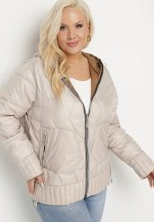 Beżowa Kurtka Dwustronna z Kapturem i Ozdobnym Pikowaniem Helritis. Brązowe kurtki Born2be, plus size, bez wzorów, z jeansu, eleganckie, z kapturem. Za 219.99 zł.