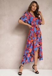 Niebiesko-Pomarańczowa Asymetryczna Sukienka z Gumką w Pasie i Kopertowym Dekoltem Perlana. Niebieskie sukienki Renee, na imprezę, l, bez wzorów, eleganckie, z asymetrycznym kołnierzem, bez ramiączek, midi, asymetryczne. W wyprzedaży za 55.99 zł.