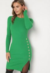 Zielona Prążkowana Sukienka z Modalem i Wiskozą o Dopasowanym Kroju Ozdobiona Napami Reallia. Zielone sukienki Born2be, m, bez wzorów, z jeansu, eleganckie, bez kołnierzyka, bez ramiączek, midi, dopasowane. W wyprzedaży za 66.49 zł.