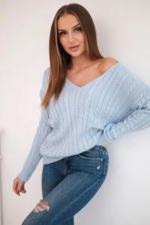 Sweter pleciony z dekoltem V błękitny. Niebieskie swetry KESI, l, bez wzorów, z wełny, plus size, bez ramiączek. Za 158.92 zł.