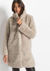 Płaszcz ze sztucznego futra. Szare płaszcze bonprix, bez wzorów, bez kaptura. Za 299.99 zł.
