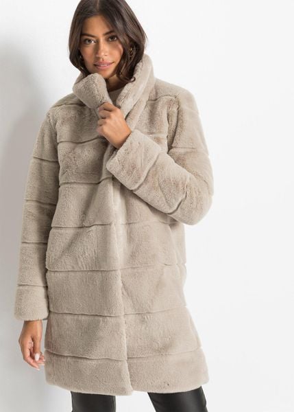 Płaszcz ze sztucznego futra. Szare płaszcze bonprix, bez wzorów, bez kaptura. Za 309.99 zł.