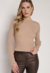 Beżowy Sweter z Wiskozą i Metaliczną Nitką Lillanova. Brązowe swetry Born2be, s, bez wzorów, z jeansu, bez ramiączek. Za 79.99 zł.