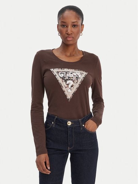 Guess Bluzka W6RI33 J1314 Brązowy Regular Fit. Brązowe bluzki Guess, xs, z aplikacjami, z bawełny, bez kołnierzyka, bez ramiączek. Za 229.99 zł.
