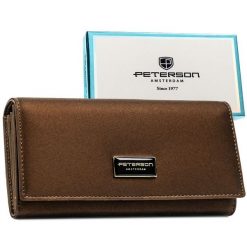 Portfel damski ze skóry naturalnej i ekologicznej w brązowym kolorze, wyposażony w system RFID PTN PS122-HNL Peterson. Brązowe portfele Peterson, bez wzorów, ze skóry. Za 129.99 zł.