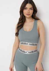 Ciemnozielony Biustonosz Top Sportowy Prążkowany z Ozdobną Gumą Fanelli. Zielone topy sportowe Born2be, bez wzorów, z gumy. Za 49.99 zł.