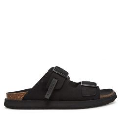 Klapki D.Franklin. Czarne klapki D.Franklin, bez wzorów, bez obcasa, bez zapięcia. Za 299.99 zł.
