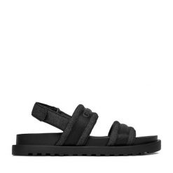 Sandały Guess Jeans. Czarne sandały Guess Jeans, z aplikacjami, z jeansu, bez obcasa, na płaskiej podeszwie, bez zapięcia. Za 199.99 zł.