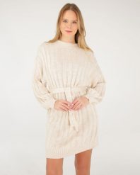 Gładka sukienka z paskiem. Brązowe sukienki Unisono, s, bez wzorów, z dzianiny, bez kołnierzyka, bez ramiączek. Za 149.00 zł.