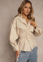 Beżowa Bawełniana Koszula Asymetrycznie Zapinana Zdobiona Wiązaniem w Talii Sanilsa. Brązowe koszule Renee, z aplikacjami, z bawełny, eleganckie, z asymetrycznym kołnierzem, bez ramiączek. W wyprzedaży za 83.99 zł.