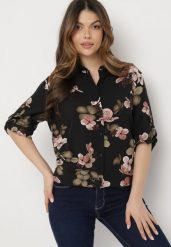 Czarno-Beżowa Koszula z Bawełny i Wiskozy z Rękawami 3/4 w Kwiaty Milkera. Czarne koszule Born2be, l, bez wzorów, z bawełny, bez kołnierzyka, bez ramiączek. Za 69.99 zł.