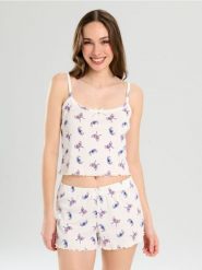 Dwucześciowa piżama na ramiączkach Stitch - kremowy. Białe piżamy Sinsay, l, bez wzorów, bez kołnierzyka, bez ramiączek. Za 49.99 zł.