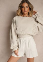 Beżowe Basicowe Szorty z Bawełny High Waist Naldelle. Brązowe szorty Renee, bez wzorów, z bawełny, eleganckie. W wyprzedaży za 55.99 zł.