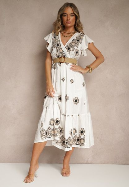 Biało-Czarna Sukienka z Wiskozy Ozdobiona Paskiem i Haftem Nilorelle. Białe sukienki Renee, na co dzień, l, bez wzorów, z wiskozy, boho, bez kołnierzyka, bez ramiączek, maxi. Za 119.99 zł.