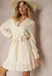 Beżowa Sukienka z Haftowanej Bawełny Wykończona Wiązaniem i Gumką w Talii Vezlea. Brązowe sukienki Renee, l, bez wzorów, z bawełny, eleganckie, bez kołnierzyka, bez ramiączek, mini, dopasowane. W wyprzedaży za 111.99 zł.