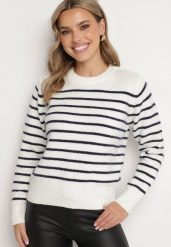 Biały Sweter w Paski o Klasycznym Kroju Rialira. Białe swetry Born2be, uniwersalny, bez wzorów, z jeansu, eleganckie, bez ramiączek. W wyprzedaży za 127.49 zł.