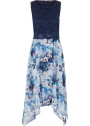 Sukienka szyfonowa z koronką. Niebieskie sukienki bonprix, bez wzorów, z koronki, eleganckie, bez kołnierzyka, bez ramiączek. Za 279.99 zł.